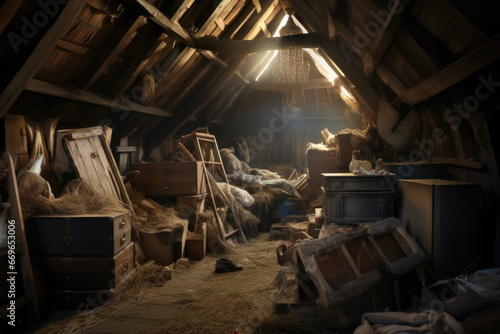 forgotten dusty attic filled with trunks and cobweb
