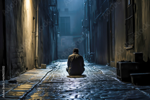 Man sitting alone in a dark alley