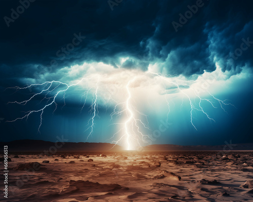 A dramatic lightning strike over a desert
