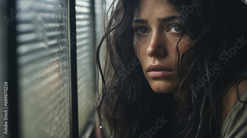 A sorrowful female muses wistfully near a rainswept window, pondering life's imponderables and the poignancy of unhappiness.
