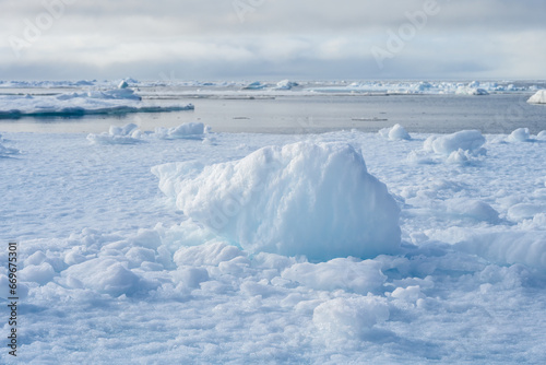 Melting ice at the edge of the ice pack in the arctic ocean, ice bergs floating in the ocean in the far north, signs of global warming and climate change 