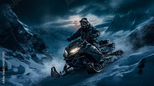Midnight snowmobiling in polar landscapes background with empty space for text 
