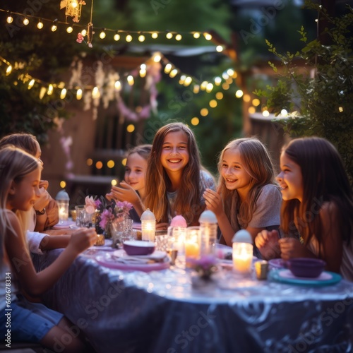 Group of happy kids sitting at table and having dinner at summer garden party