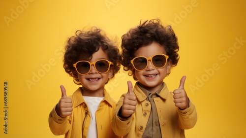 studio portrait, twin curly-haired boys don sunglasses and give a thumbs-up gesture while isolated against a vibrant yellow background, radiating youthful enthusiasm
