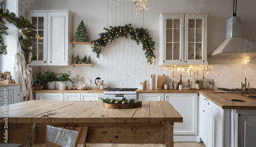nordic elegance a serene christmas kitchen with an inviting empty wooden table generative ai