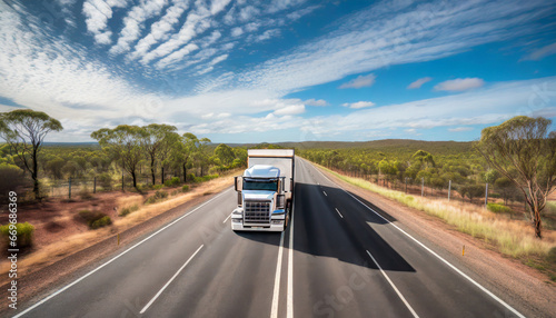 huge semi truck crossing the australia northern territory bush landscape on an empty road