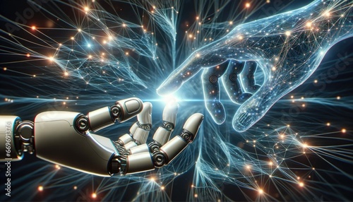 AI and Machine Learning concepts by means of robotic and artificial intelligence digital technology formed hands reaching out to each other