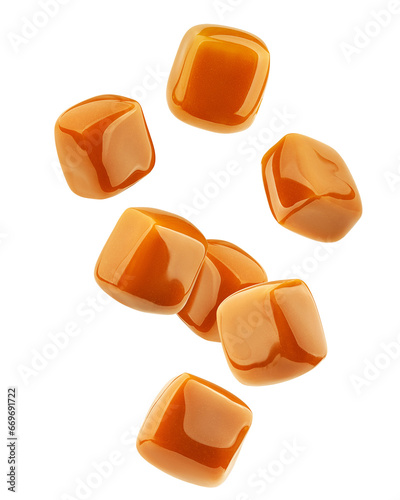 Falling Caramel candy, isolated on white background, full depth of field
