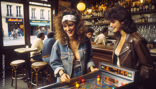 Rétro - Années 1980 - 2 jeunes femmes jouant au flipper dans une brasserie
