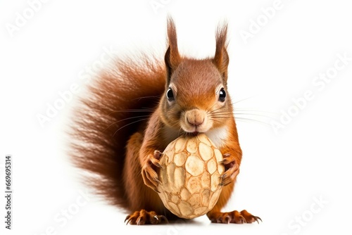Red squirrel holding hazel nut, looking at camera, isolated on white background. Generative AI
