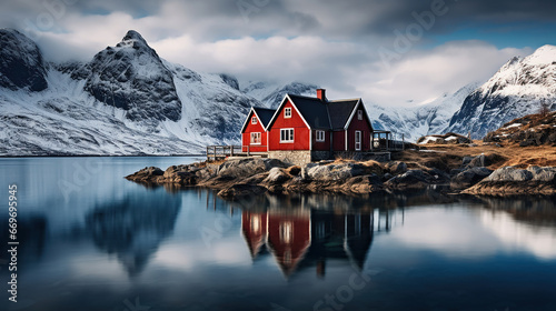  tranquillo paesaggio simmetrico con una casetta rossa in stile norvegese su un lago, lunga esposizione