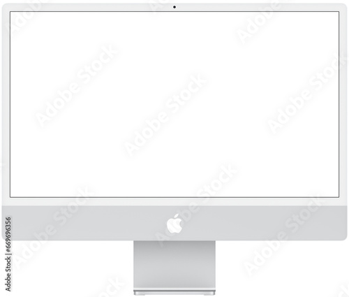 Realistic mockups of the new iMac 24 inch blank screen monoblock personal computer made by Apple Computers, transparent screen, silver color on an isolated white background. Apple iMac 24". PNG image