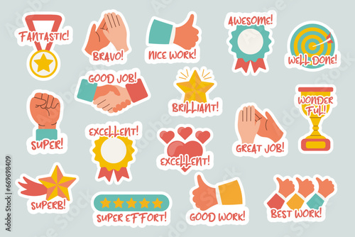 Collection of motivational stickers for great work. Stickers, badges, badges. Flat style, vector