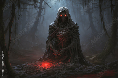 Scary mummy with red glowing eyes in dark woods, ai generated