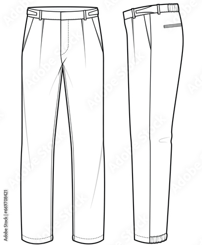 mens adjustable waist pleated dress pant flat sketch vector illustration technical cad drawing template