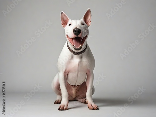 Perro Bull terrier, sentado, mirando al frente sobre fondo blanco 