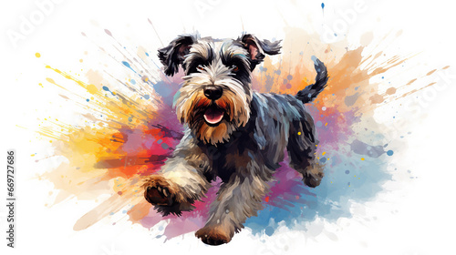 Cool looking schnauzer dog running in abstract mixed grunge colors illustration.