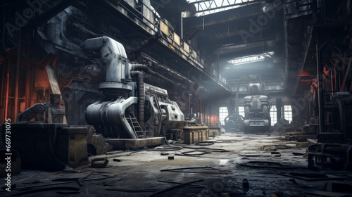 An eerie factory with broken machinery and a thick layer of dust