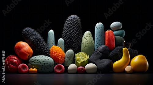 An arrangement of several colorful shapes on a black background