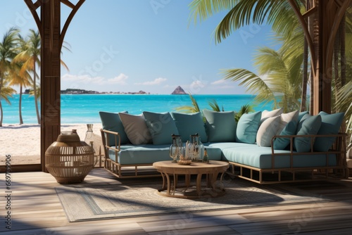 Sofa and chair on sand beach with palm.Concept for vacation and relaxation.3d rendering