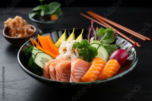 Plate with sashimi and vegetables. Generative AI