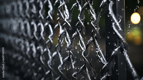 A wet metal fence with rain pouring down in a steady stream