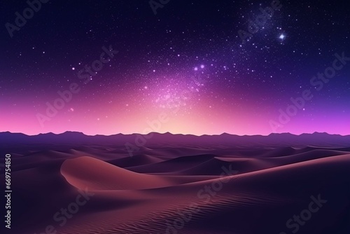 Landscape of desert dunes under a mesmerizing starry sky with a purple gradient. Generative AI
