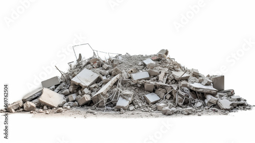 Panorama. A pile of gray concrete debris remains of a destroyed building on a white. generative ai
