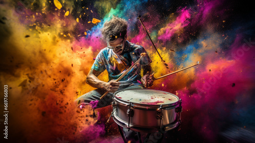 A close - up view of drums immersed in a captivating cloud of colorful dust, with a skilled musician in the background