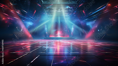 Colorful spotlights nightclub stage with dynamic red and blue spotlights, a vintage dance floor below, and a scene immersed in the play of laser beams, lamps, and swirling smoke