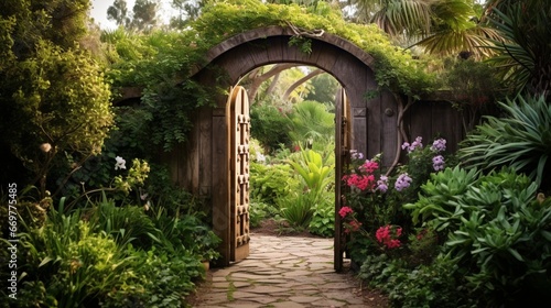 A charming arched wooden gate opening into a secret garden oasis