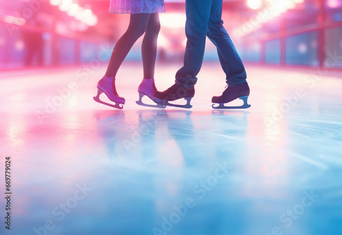 Ice skating couple, romantic, close up of legs and skates, neon pink and blue lighting. Valentines card. Valentines background. Invitation. 