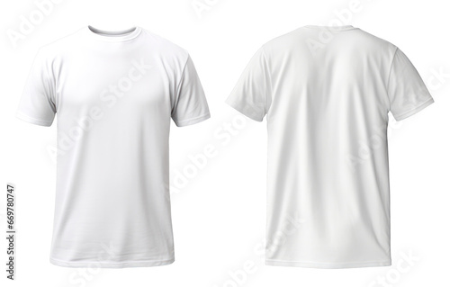 Set of White t shirt front and back on transparent background cutout, PNG file. Mockup template for product presentation.