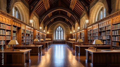 A grand university library with soaring, arched ceilings and rows of oak bookshelves