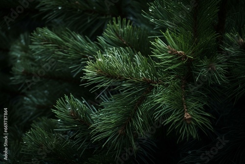A captivating close-up of exquisite pine needles and lush Christmas tree branches, capturing their innate magnificence and festive allure. Generative AI