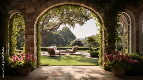 A picturesque stone archway framing a breathtaking view of a lush, manicured lawn
