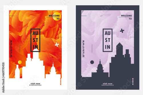USA Austin city poster pack with abstract skyline, cityscape, landmark and attraction. Texas travel vector illustration layout set for vertical brochure, website, flyer, presentation