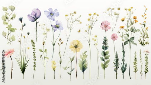 Set of floral watercolor Wild field herbs flowers isolated element set—illustration with green leaves and colorful plants Wedding stationery, wallpapers, fashion, backgrounds, textures Wildflowers