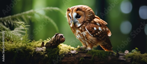 Brown owl with prey perched on tree in forest habitat