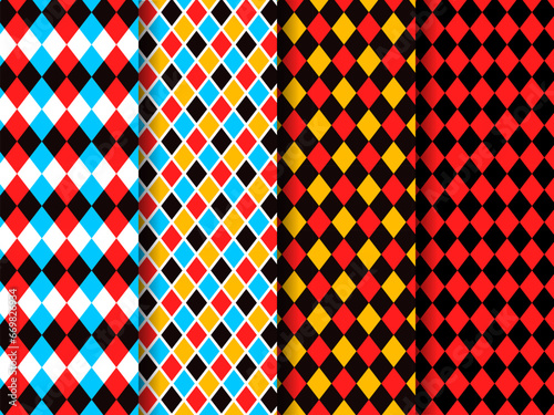 Circus red and black harlequin patterns, rhombus lozenge pattern of retro carnival, fun fair, chapiteau or masquerade vector backgrounds set. Abstract geometric ornament of color rhombus and diamonds