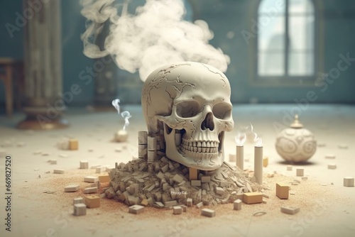 Destructive vice of smoking portrayed by a smoking word and negative symbolism, illustrated in 3D. Generative AI