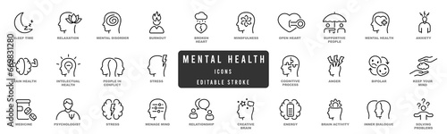 Mental health line icon set. Anxiety, stress, psychology, brain etc symbols. Editable stroke