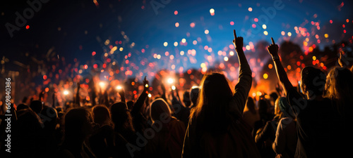 People at the concert put their hands up, fireworks, banner lights.