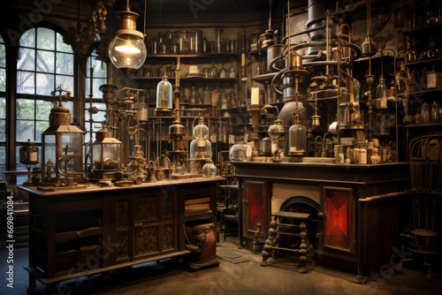 Victorian laboratory with intricate scientific apparatus, vials, and curious experiments