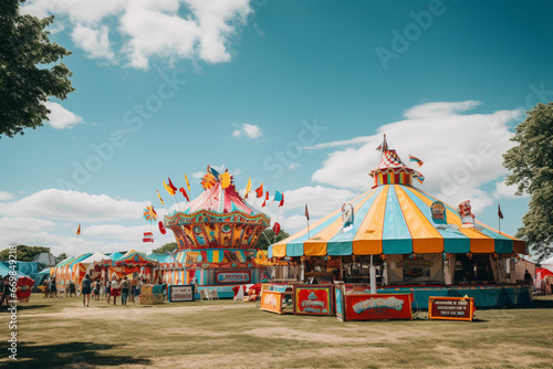 a carnival with rides and tents