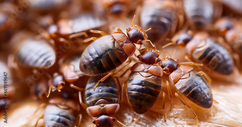 A detailed macro shot of bed bugs showcasing their infestation, emphasizing the importance of pest control in households.