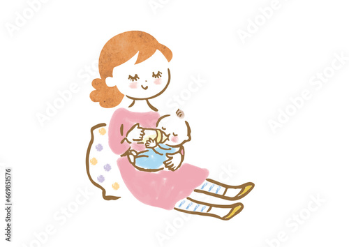 赤ちゃんにミルクをあげている若いお母さんのイラスト