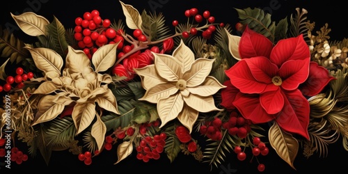 A detailed view of a Christmas decoration featuring poinsettias and berries. This image can be used to enhance holiday-themed designs and decorations.