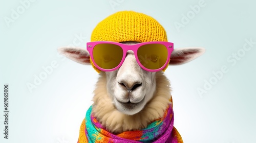 Sheep in summer party mood: funny portrait of a woolly animal with colorful hat and sunglasses on white background