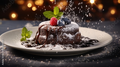 a delectable chocolate lava cake with a gooey molten center, dusted powdered sugar. AI Generative
